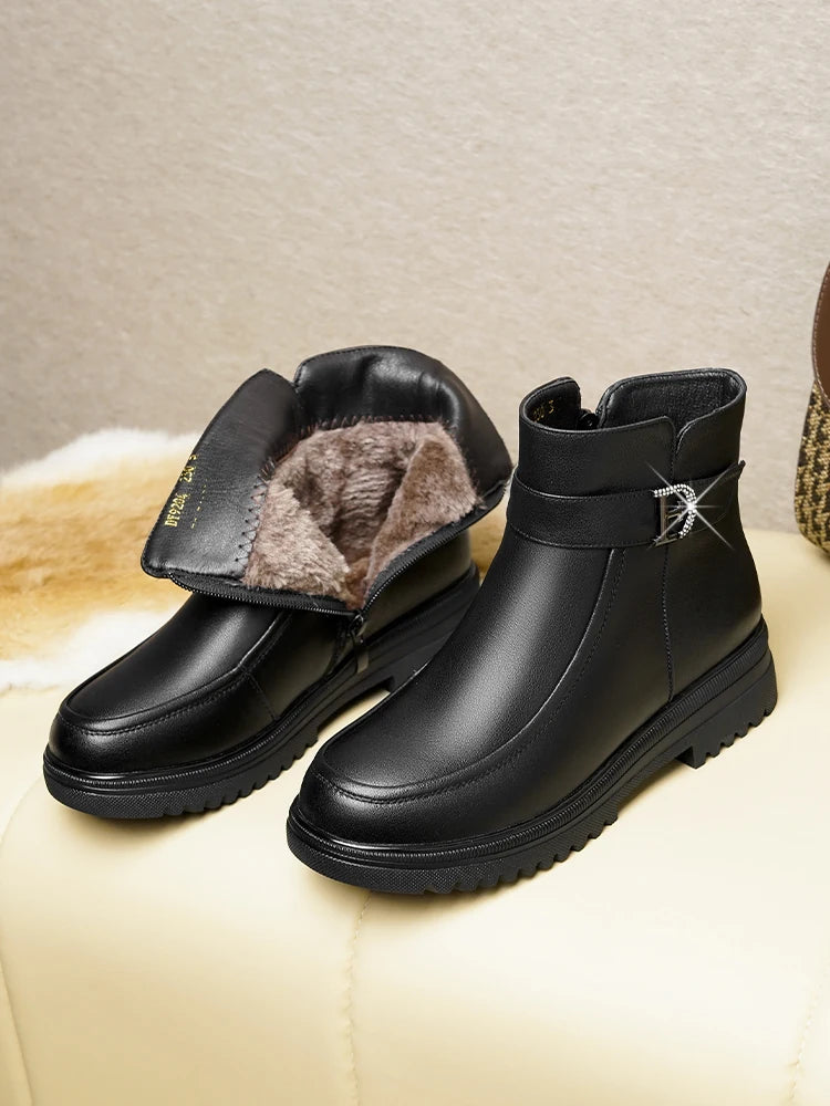 Damen Schneestiefel aus echtem Leder mit rutschfester Sohle und Wolle