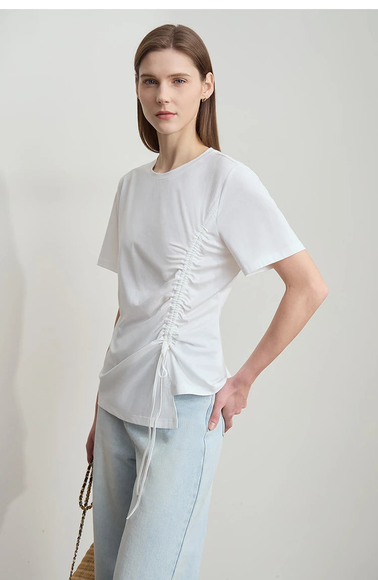 Damen Sommer T-Shirt mit Rundhals und Kordelzug in lässiger Form