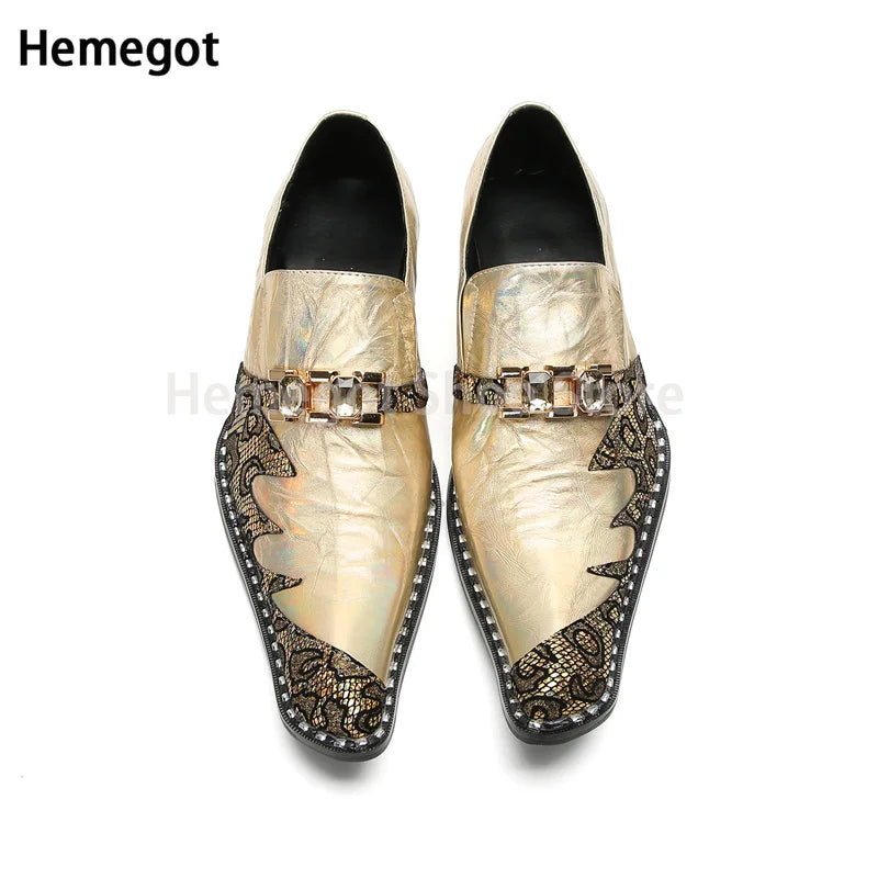 New Pointed Toe Metal Decoration Buckle Men's Gold Brogue Shoes Slip On Genuine Leather Shoes Party Evening Shoes Male