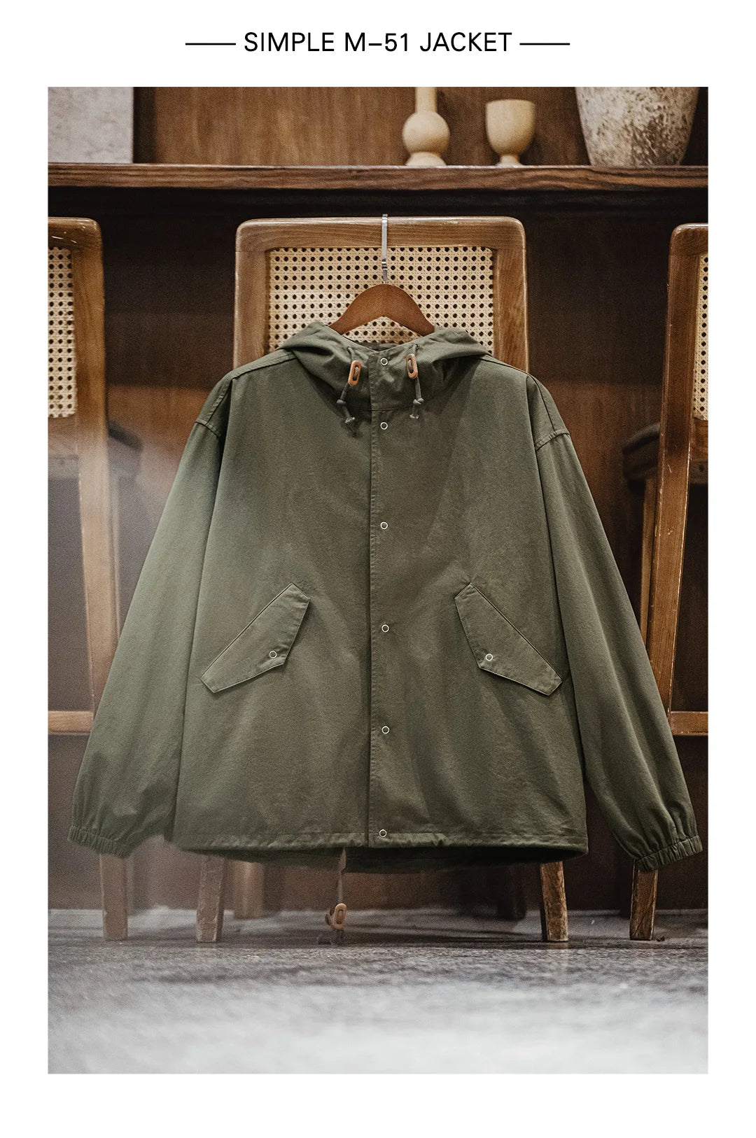 Herren Kapuzenjacke Vintage Grün Lockere Taschen Versteckte Knopfleiste