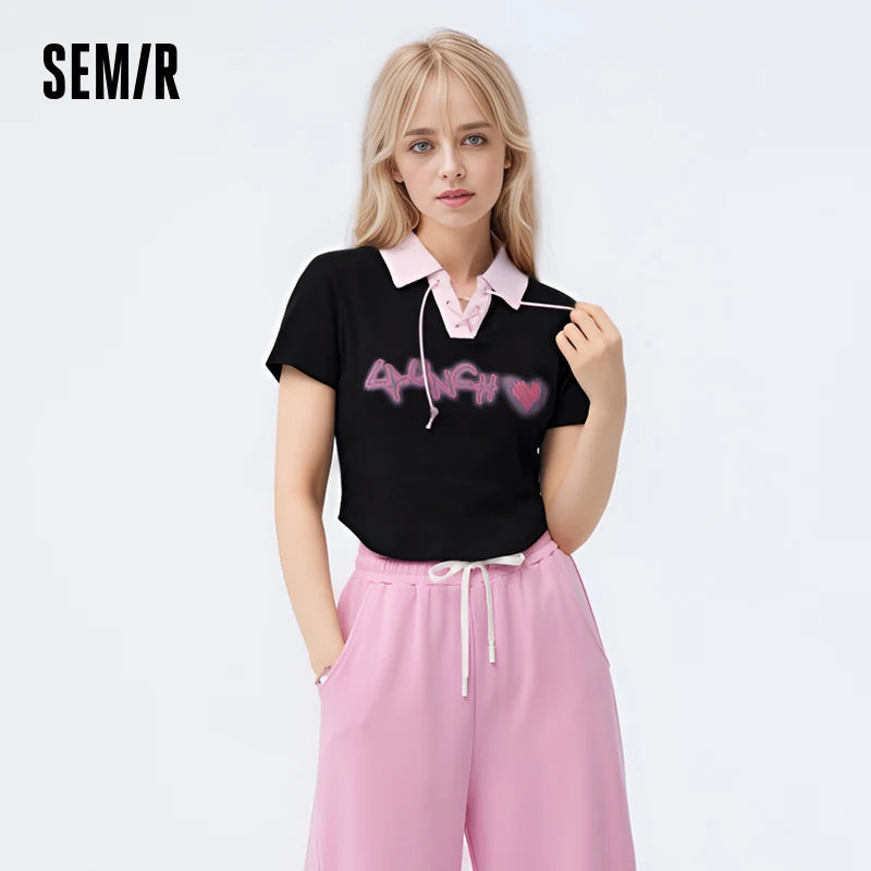 Semir Polo Shirt Frauen Kurzarm Frühling bestickt süß cool Retro Sommer T-Shirt neue Kontrast farbe enges Polo-Shirt