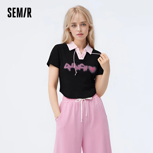 Semir Polo Shirt Frauen Kurzarm Frühling bestickt süß cool Retro Sommer T-Shirt neue Kontrast farbe enges Polo-Shirt