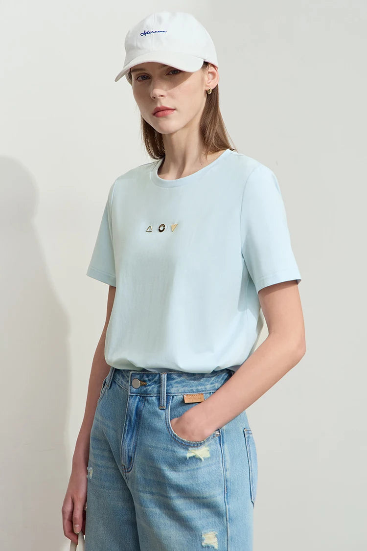 Damen T-Shirt mit O-Ausschnitt und geometrischer Dekoration aus antibakterieller Baumwolle