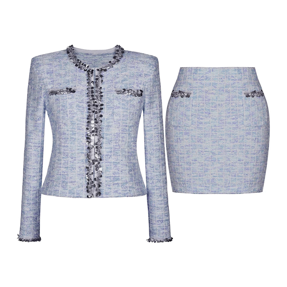 Zweiteiliges Damen-Set mit Rundhals und langen Ärmeln – Oberteil mit Faltendetails und lockerem Rock in hoher Taille