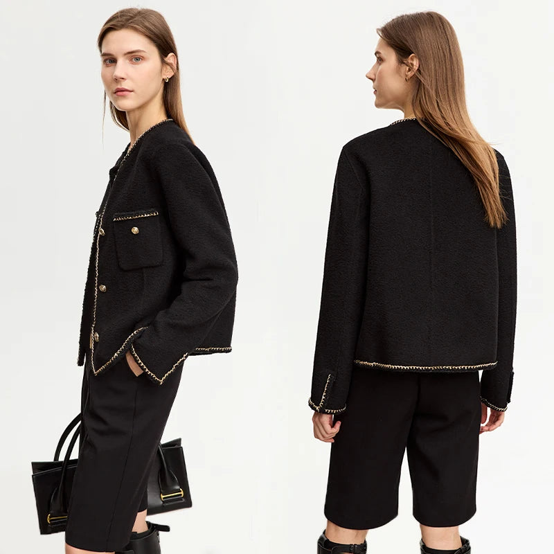 Damen Wollmantel im minimalistischen Stil mit Taschen und Knopfdekoration