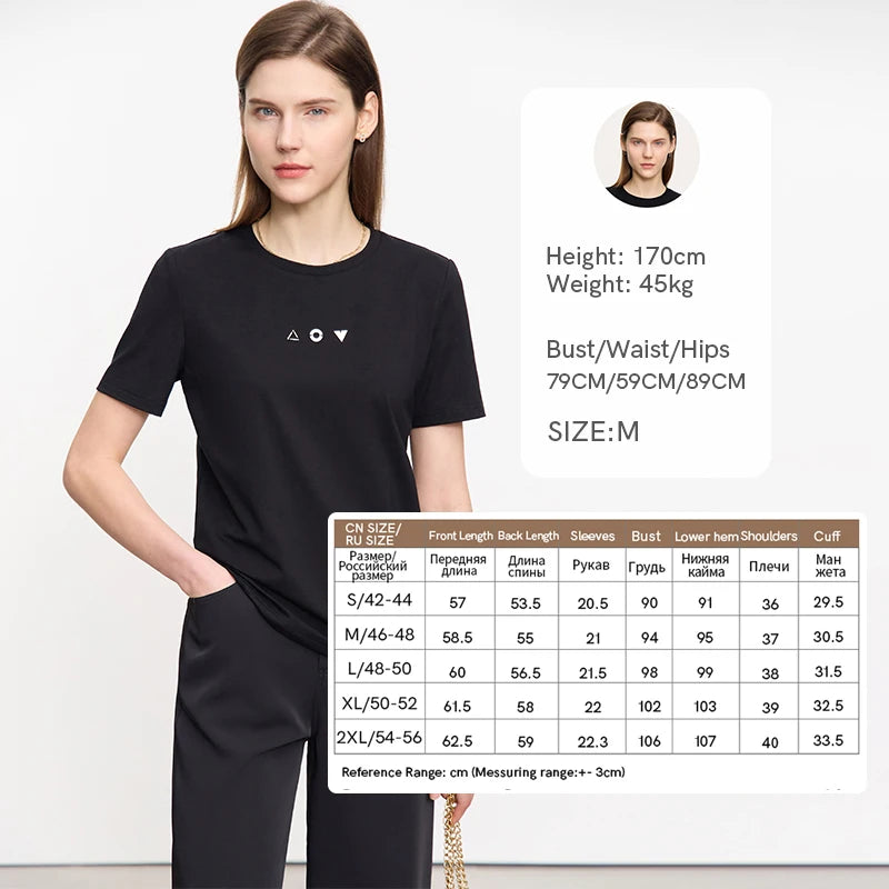 Damen T-Shirt mit O-Ausschnitt und geometrischer Dekoration aus antibakterieller Baumwolle