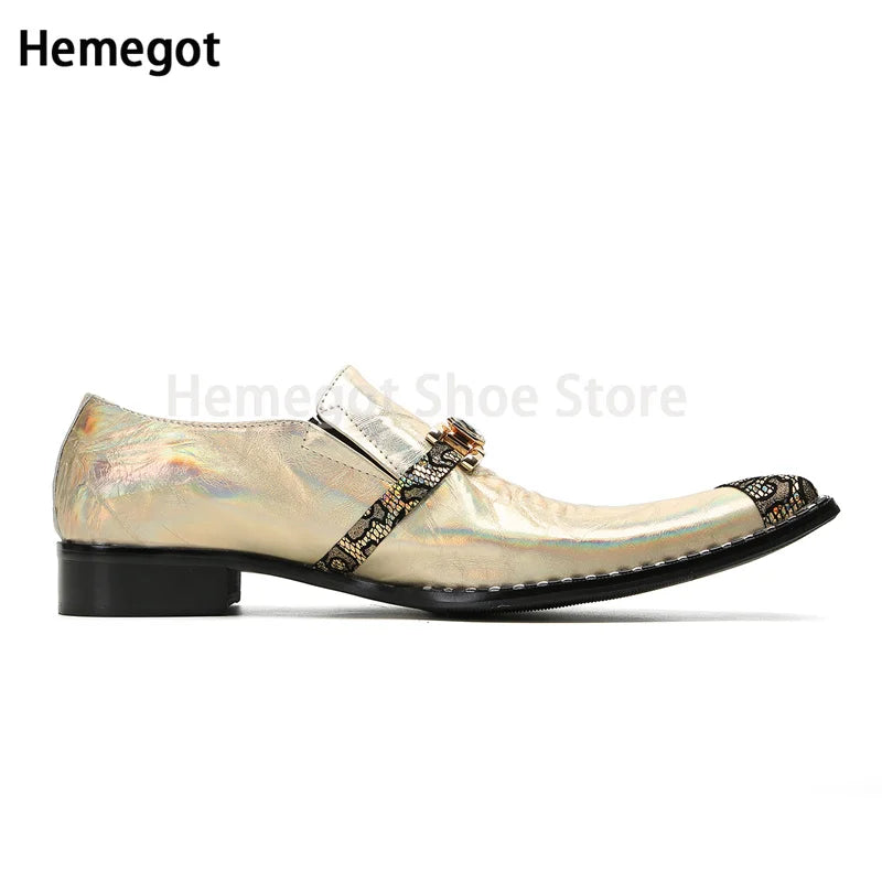 New Pointed Toe Metal Decoration Buckle Men's Gold Brogue Shoes Slip On Genuine Leather Shoes Party Evening Shoes Male