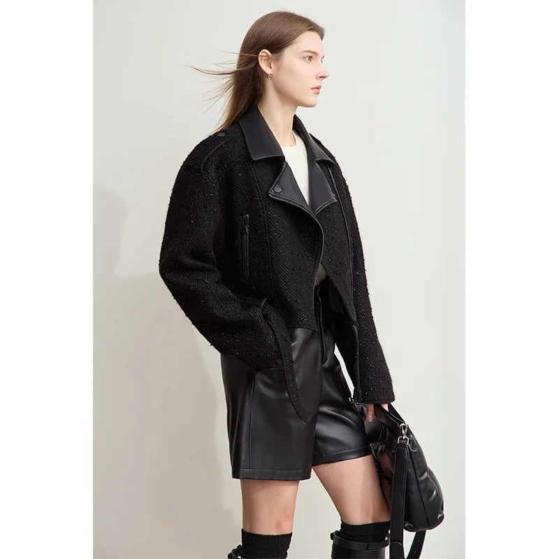Damen Wollmantel im Minimalistischen Lokomotiv-Stil mit Gürtel und Schräge Knopfleiste