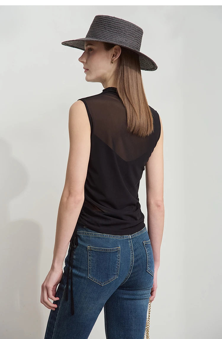 Damen T-Shirts im Sommer-Stil mit solidem ärmellosem Rollkragen für Büro