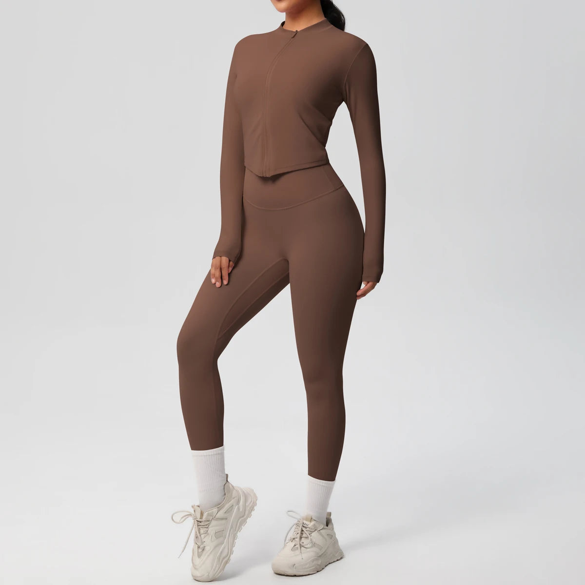 Zweiteiliger Damen-Yogaanzug, Slim Fit, langärmeliges Oberteil und Leggings in Braun
