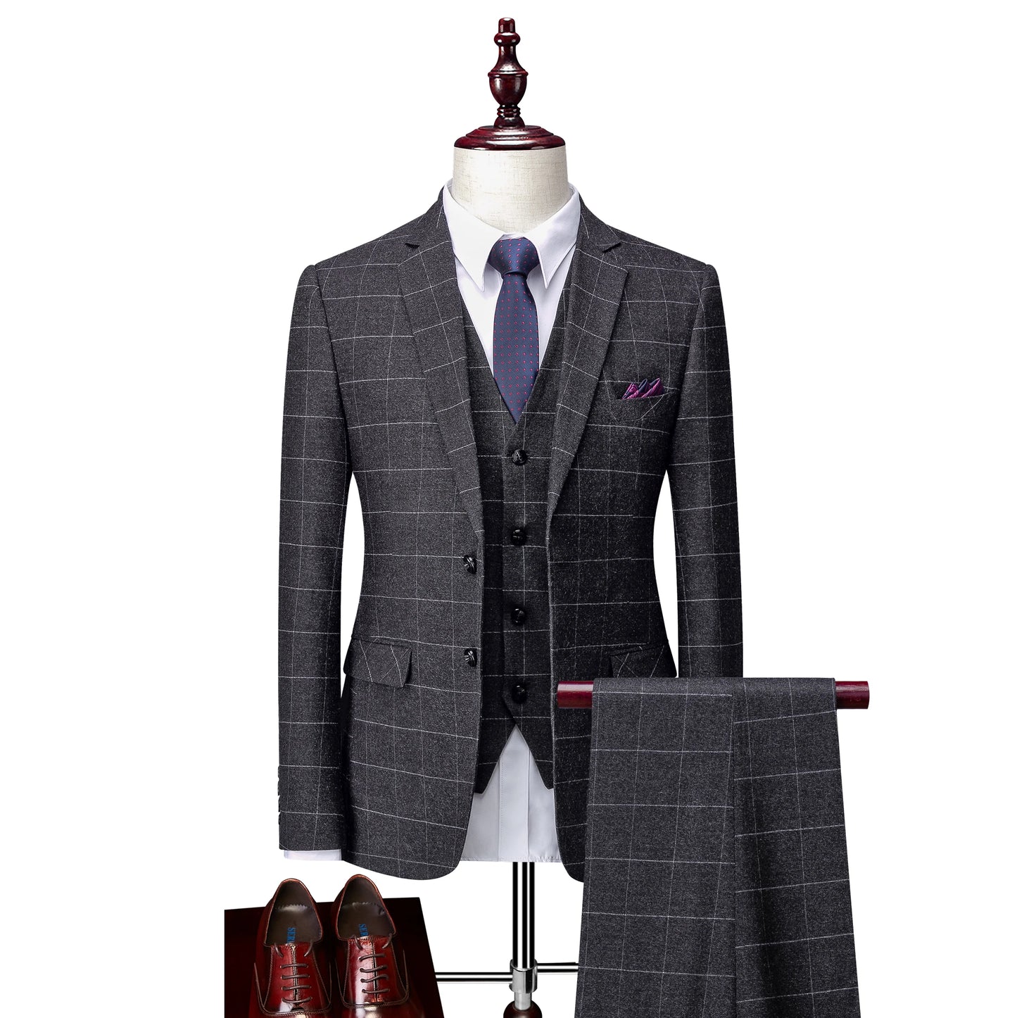 Hochwertiger Herren Anzug 3-teilig: Kariert, Grau, Slim Fit, Business & Hochzeit.