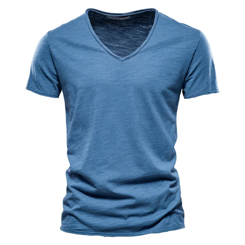 Herren-T-Shirt mit V-Ausschnitt, kurzarm, Slim Fit, einfarbig, blau