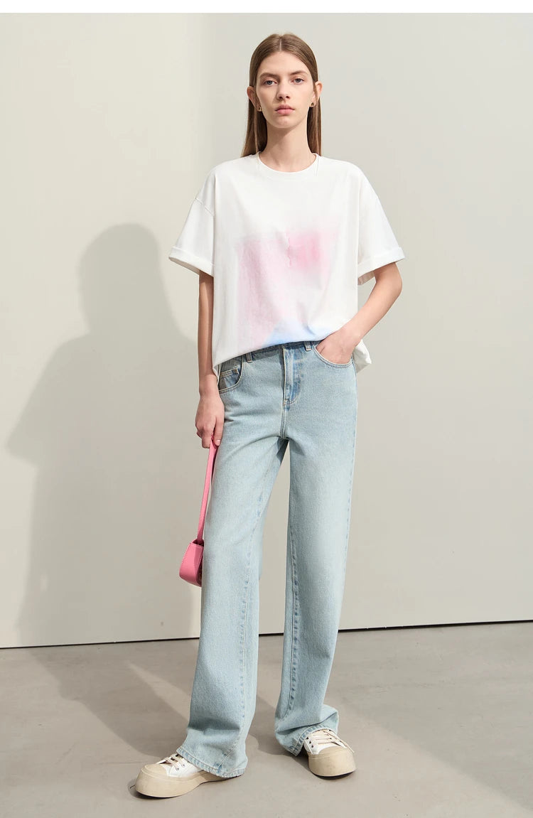 Damen T-Shirts im Minimalismus-Stil mit abstraktem Druck aus Baumwolle