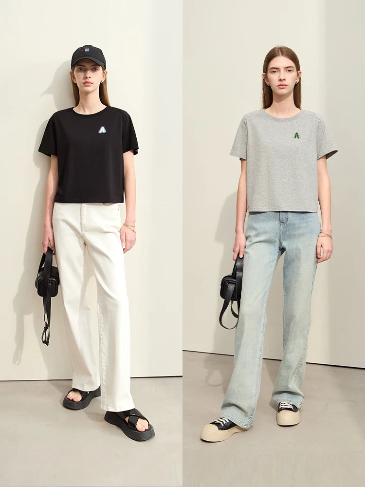 Damen T-Shirts im minimalistischen Stil mit lässigem O-Ausschnitt und Druck