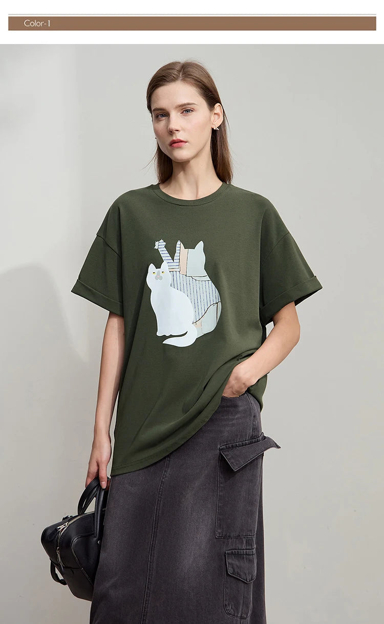 Damen Top im minimalistischen Stil mit O-Ausschnitt und bedrucktem Design