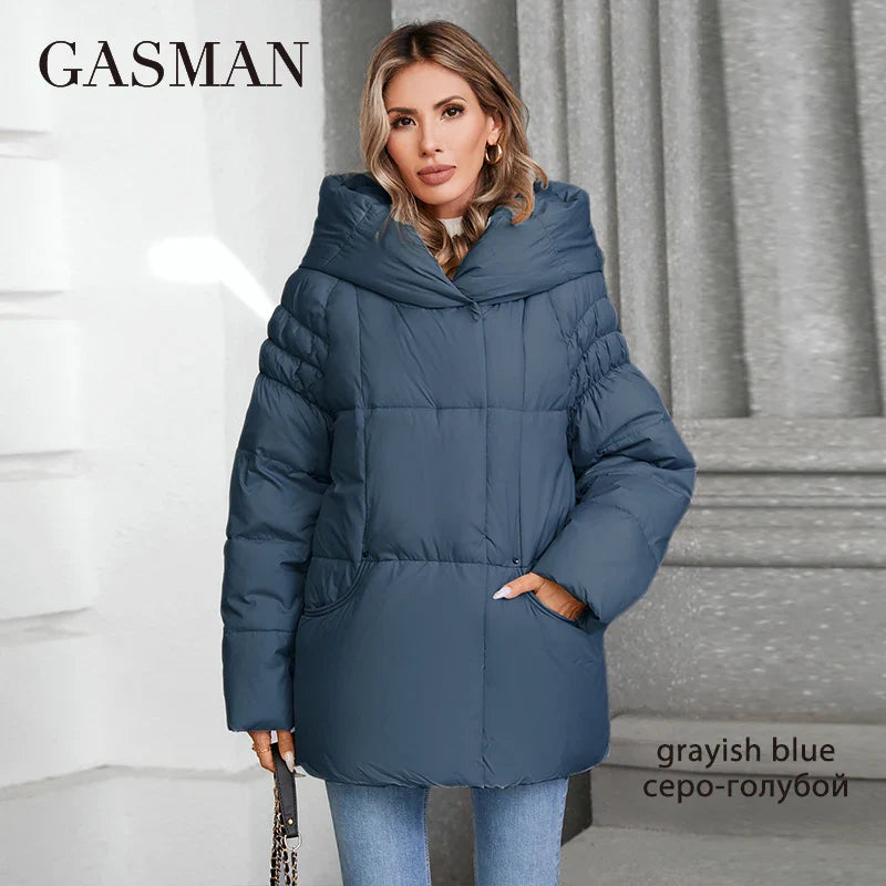 Warme Damen-Winterjacke mit Kapuze und langen Ärmeln – wasserdichter, dicker Parka-Mantel