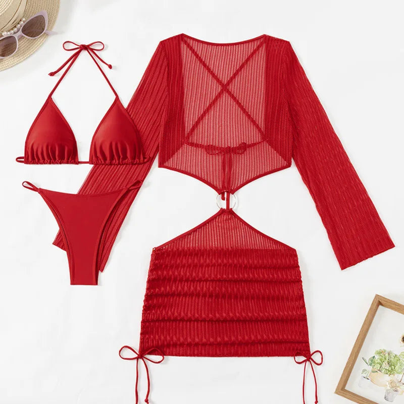 Dreiteiliger Damen-Bikini mit sexy Print und hoch tailliertem Design – ideal für Strand und Pool