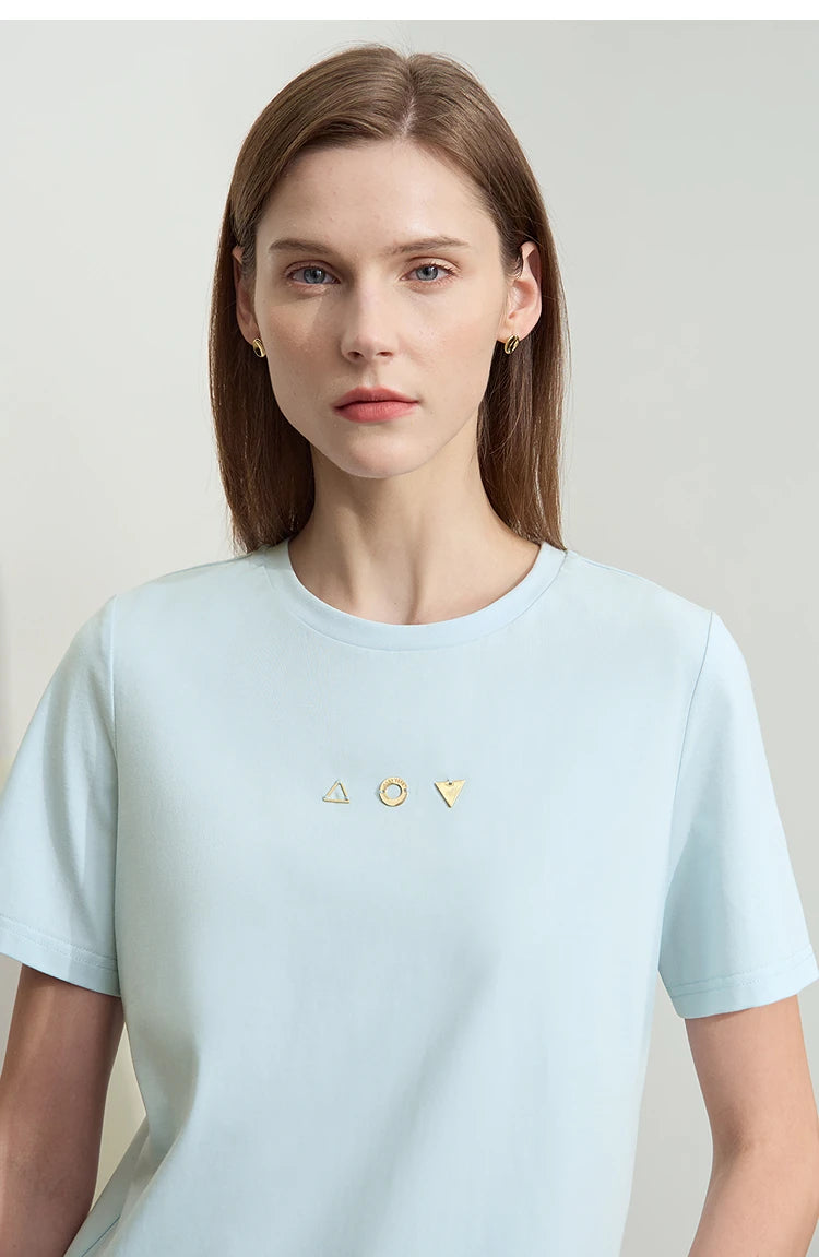 Damen T-Shirt mit O-Ausschnitt und geometrischer Dekoration aus antibakterieller Baumwolle
