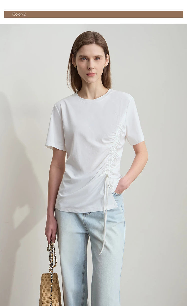 Damen Sommer T-Shirt mit Rundhals und Kordelzug in lässiger Form