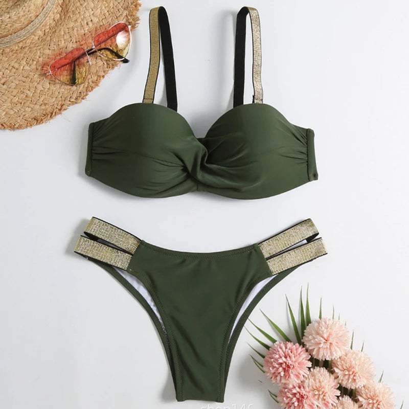 Sexy Bikini-Set in Rosenrot mit Strasssteinen – Push-Up-Badeanzug für Damen am Strand oder Pool