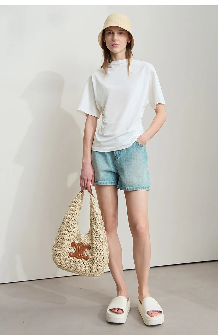 Damen T-Shirt im minimalistischen Sommer-Stil mit solidem Rollkragen und Kurzarm