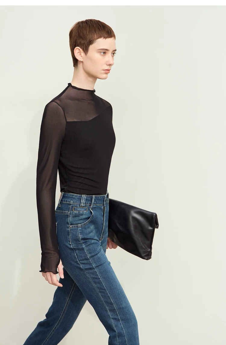 Damen Mesh-T-Shirt im minimalistischen Design mit halbhohem Ausschnitt