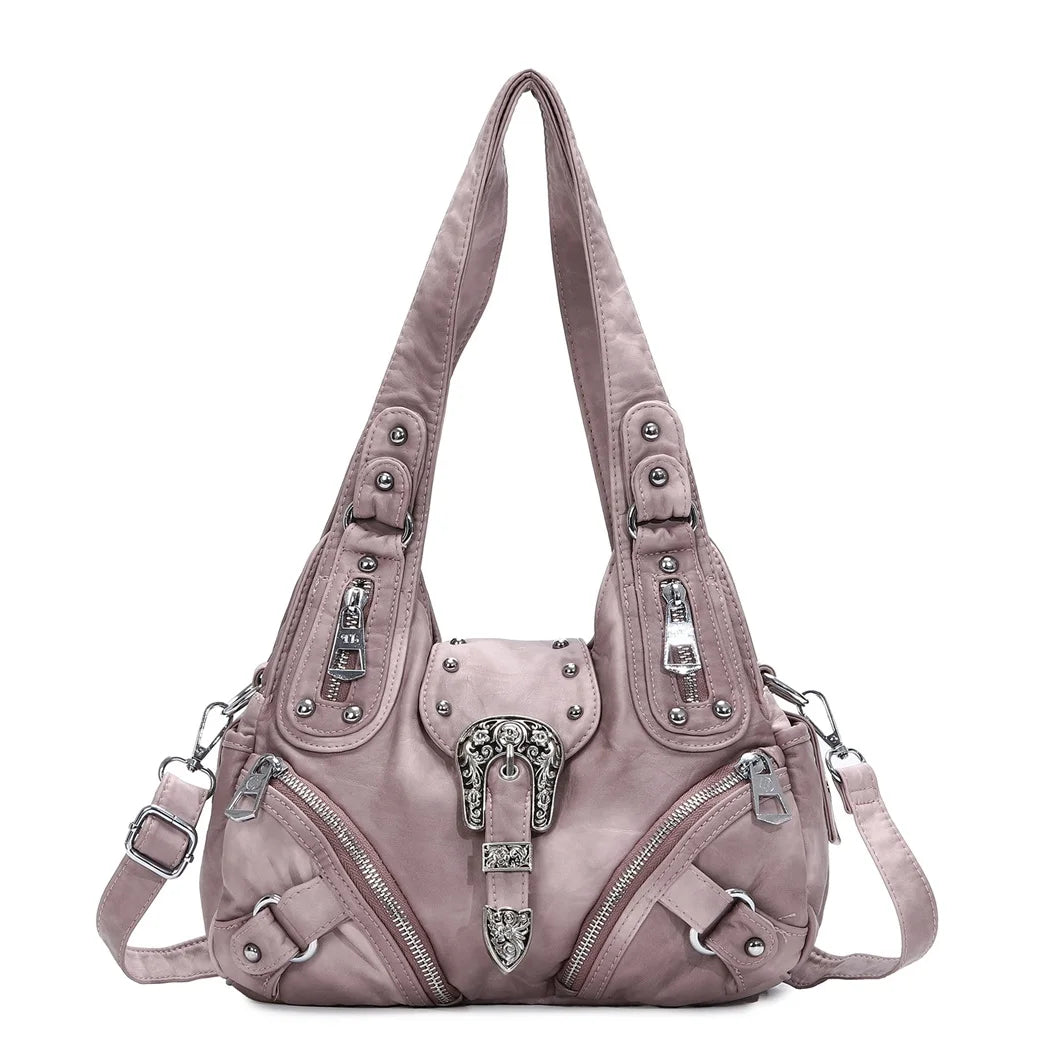 Hellrosa Schultertasche mit Reißverschlussfächern, Nieten und verstellbaren Trageriemen