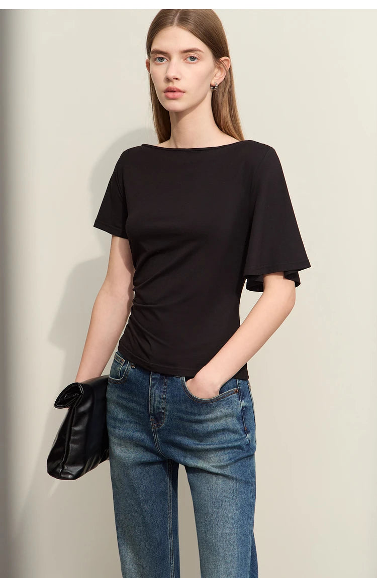 Damen T-Shirt im Minimalismus-Stil mit asymmetrischem Slash Neck und Raffen