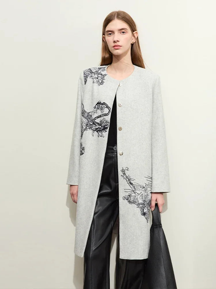 Damen Wollmantel im minimalistischen chinesischen Stil mit eleganter Stickerei