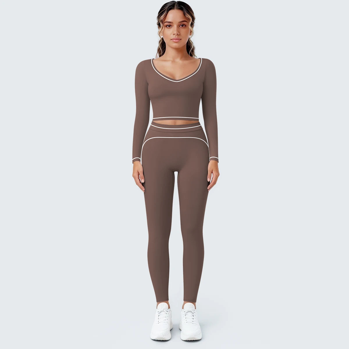 Damen-Yogaset mit Langarmoberteil und Leggings, braun, mit Kontrastband