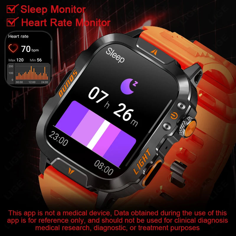 LIGE Neue LED Taschenlampe Outdoor Smart Uhr 420 mAh Batterie Wasserdicht 100 + Sport Herzfrequenz Sprachanruf 1,96 "HD Smartwatch Männer