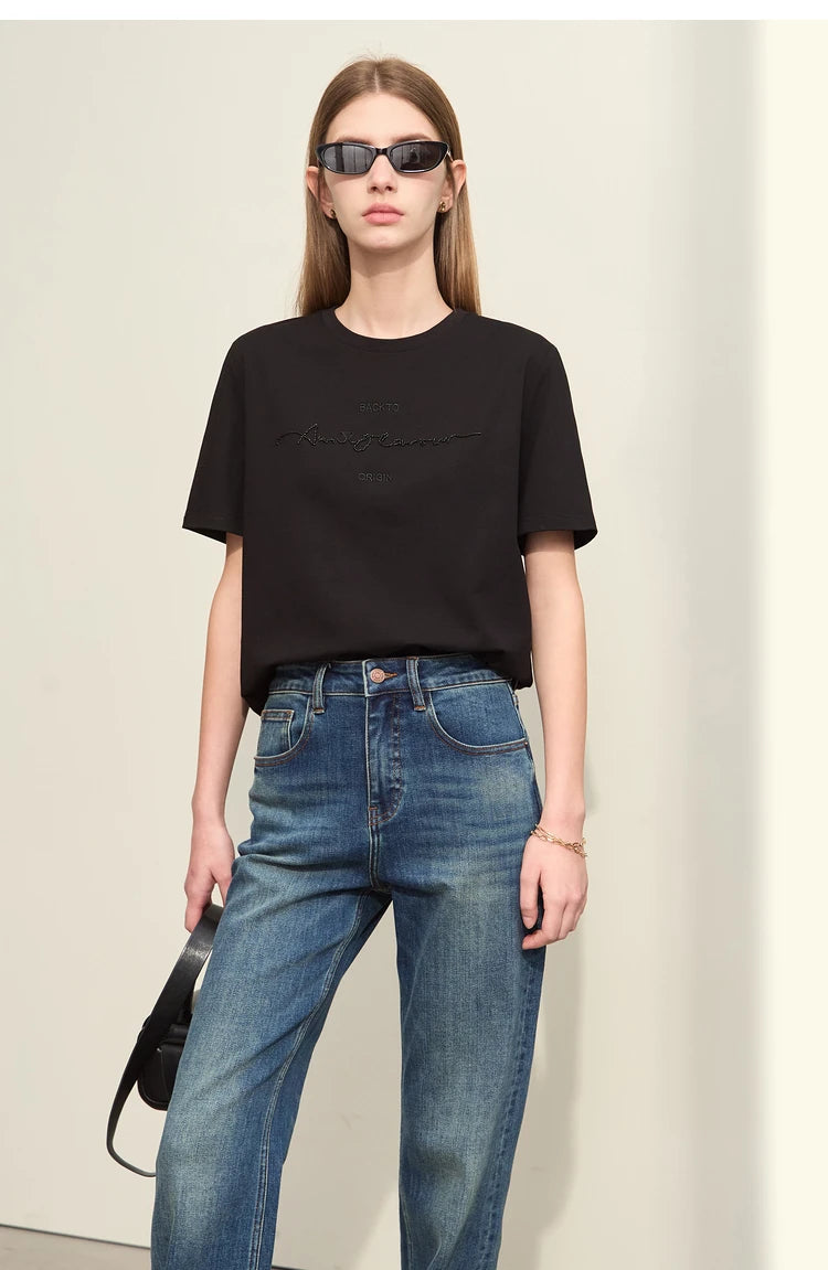 Damen T-Shirts im Minimalismus-Stil mit Kurzarm und Buchstaben-Stickerei