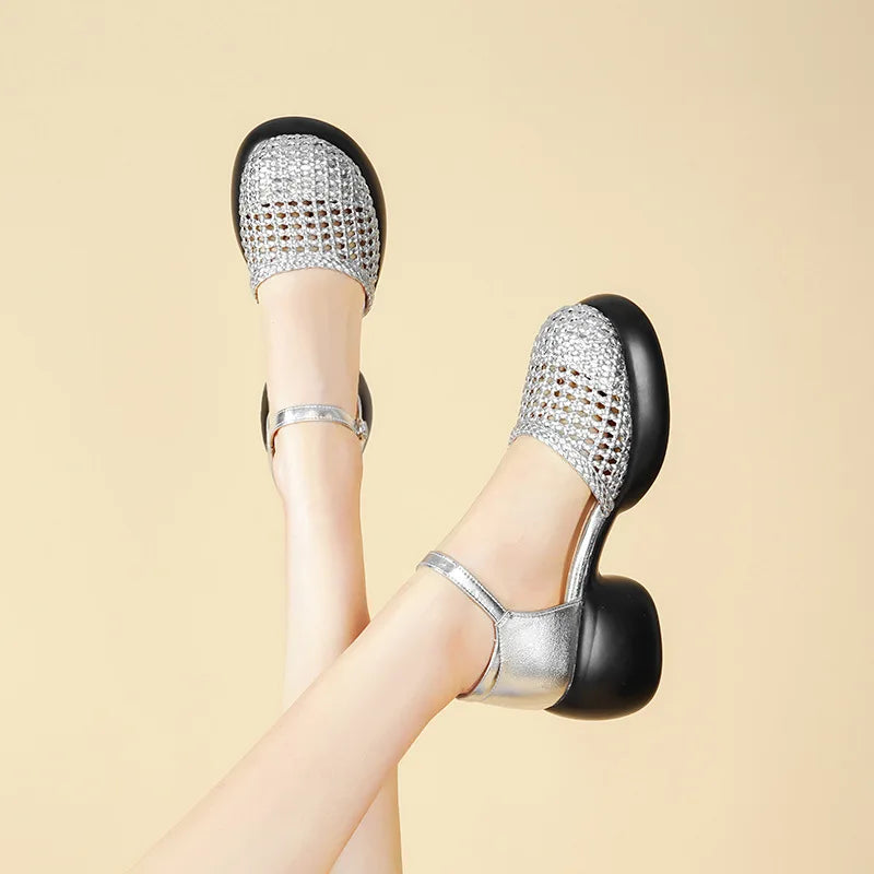 AIYUQI frauen Sandalen Retro 2025, Neue Sommer Römischen Weiblichen Sandalen Große Größe Woven Hohl High Heels Für Frauen