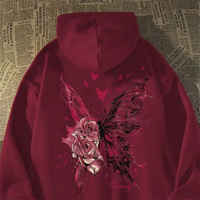 Herren Hoodie mit kreativer Schmetterling Rose Grafik im Hip Hop Stil