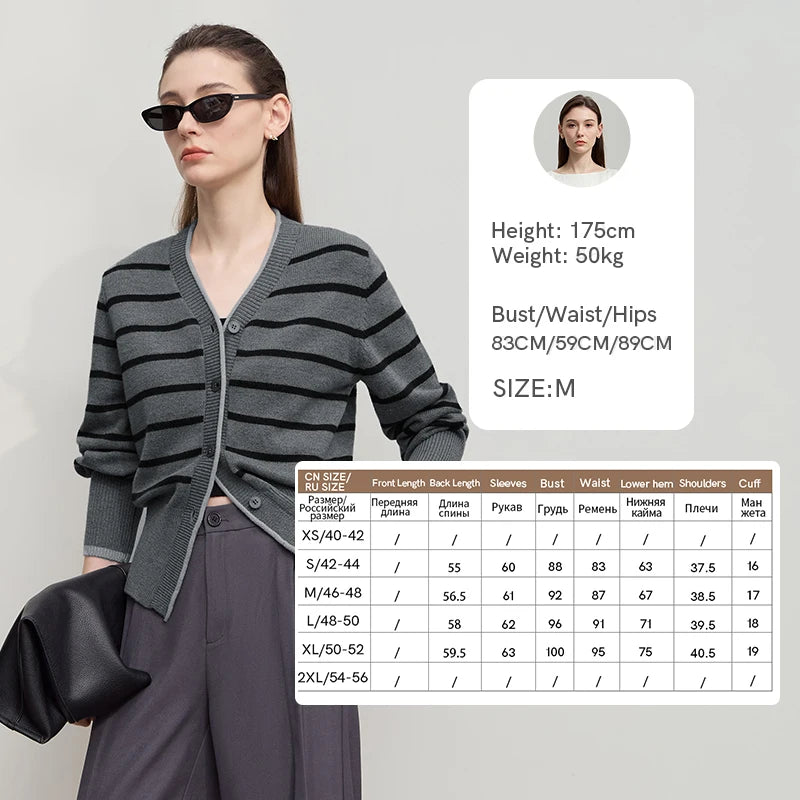 Damen-Strickjacke Streifen V-Ausschnitt locker Wolle Herbst-Winter