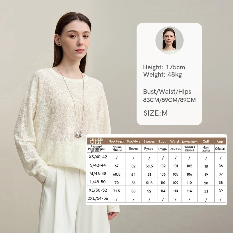Damen-Rundhalspullover Jacquard Raglan locker lang Lyocell Frühling