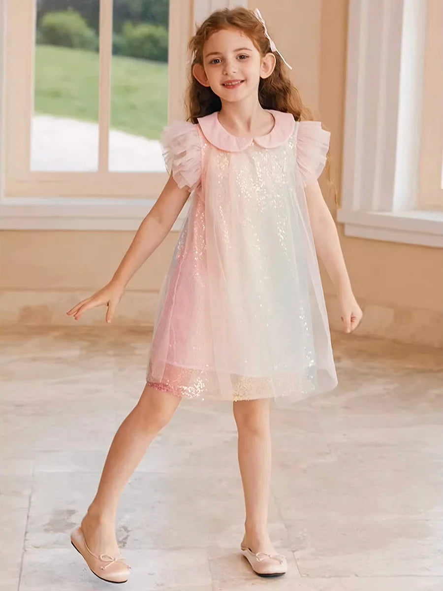 Sommerliches Mädchenkleid aus 100% Baumwolle im französischen Stil mit kurzen Ärmeln – lockere Passform für Kinder von 110cm bis 170cm