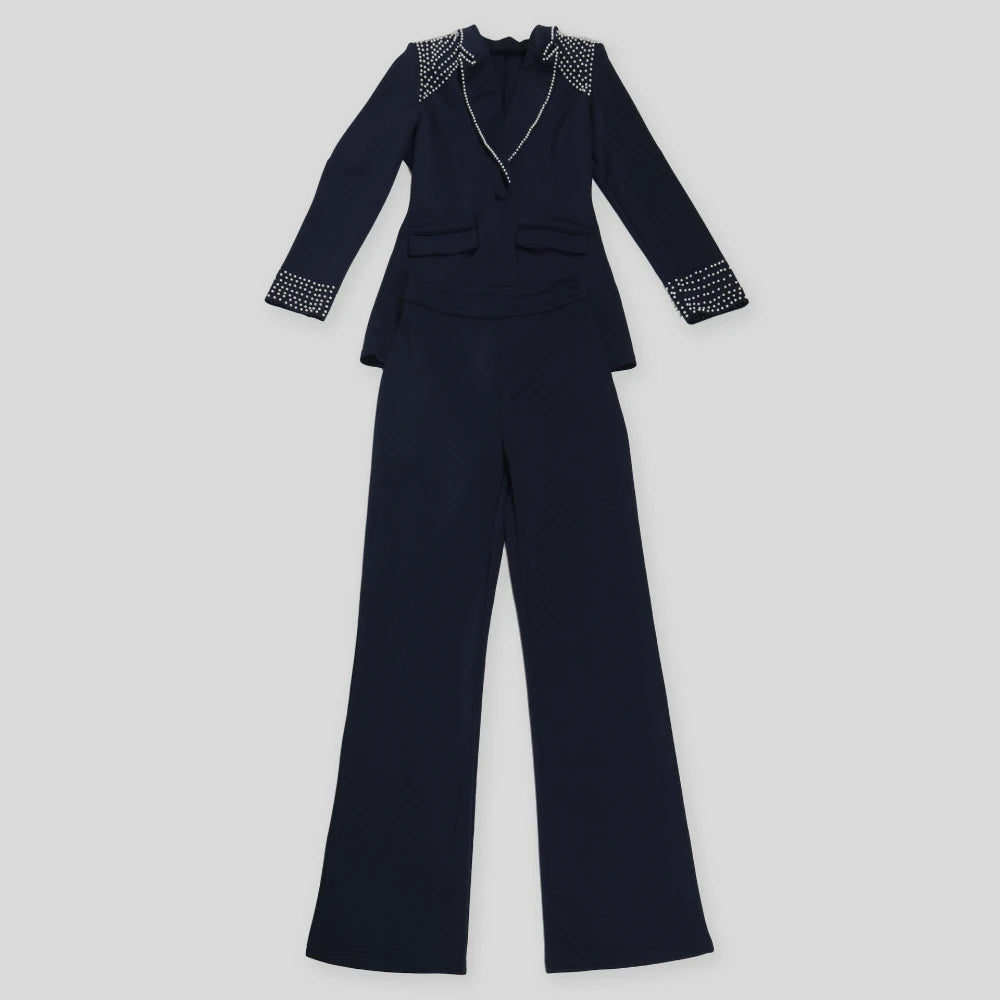 Zweiteiliges Damen-Set mit Applikationen, langärmligem Patchwork-Hemd und hoch taillierter Hose