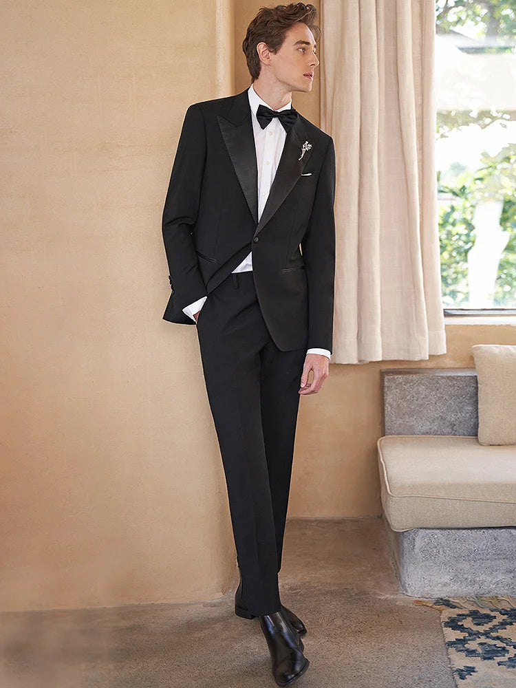 Eleganter Herrenanzug aus 30% Wolle: Schwarzer Slim Fit Ein-Knopf-Blazer für Hochzeiten und Feiern
