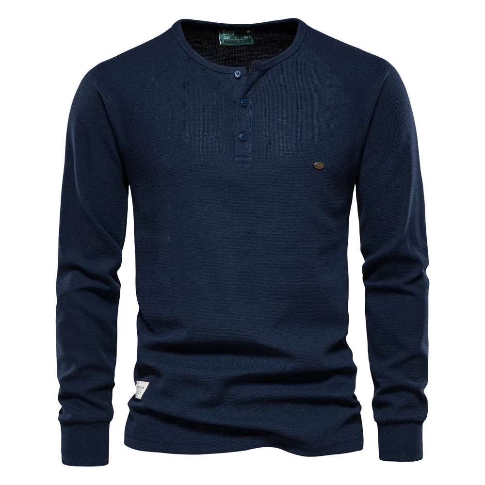 Herren Langarm Waffel Henley T-Shirt in fester Farbe für den Herbst