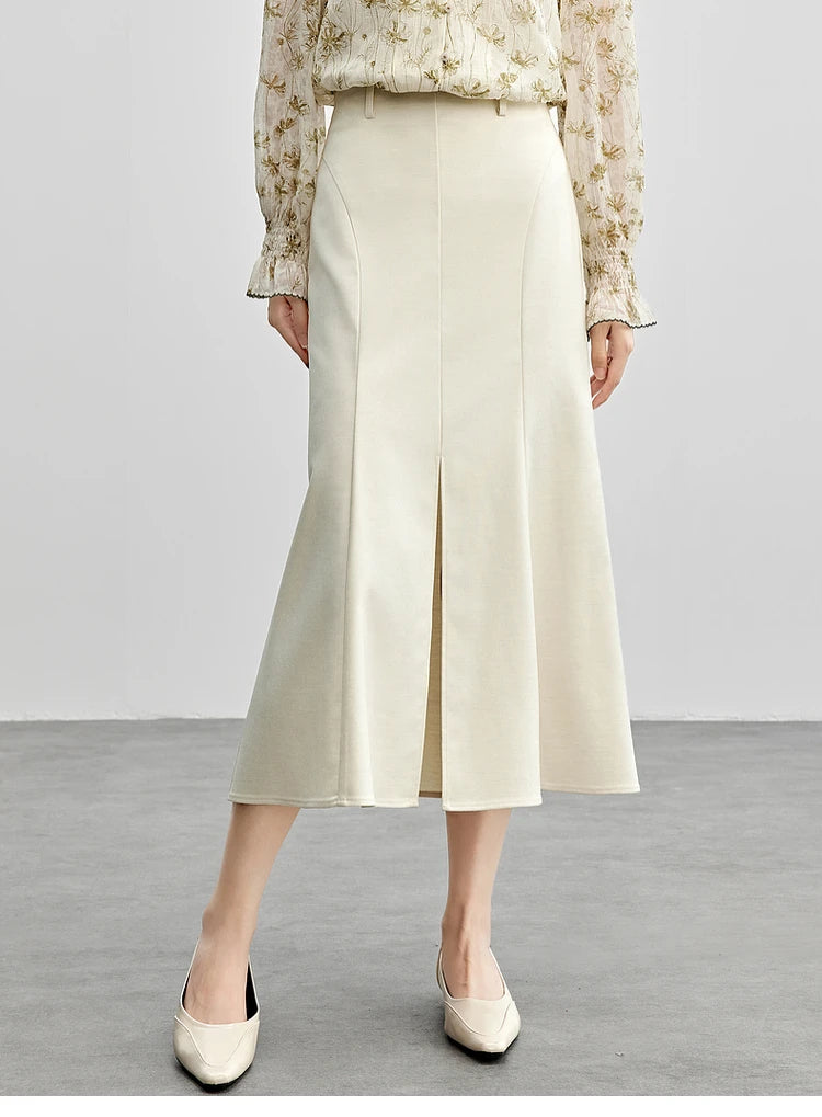 Damen Midi-Langrock aus Twill mit hoher Taille und Schlitz am Saum