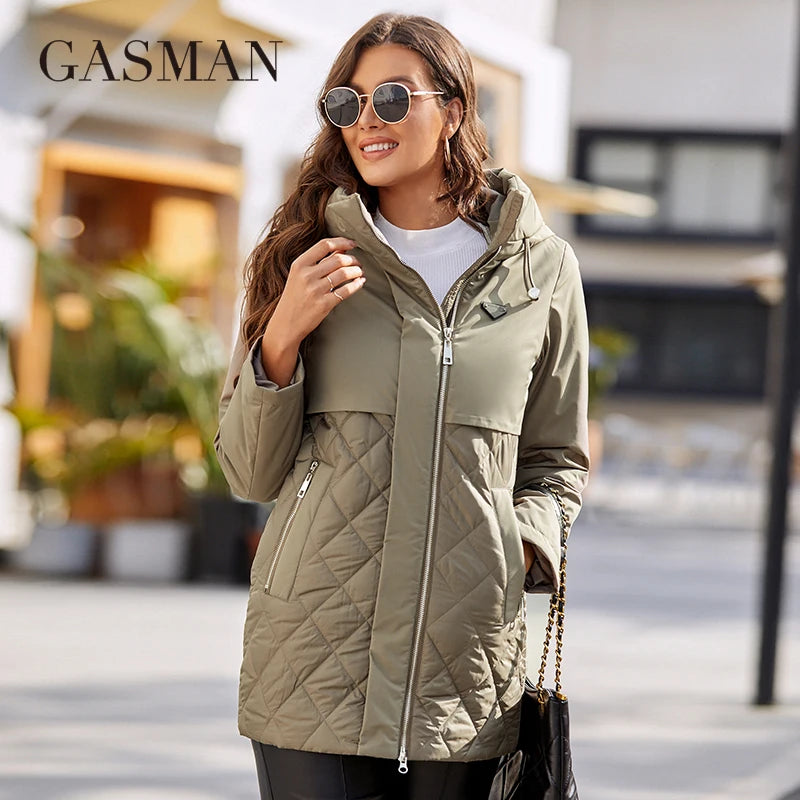 Lange Damen-Daunenjacke mit Reißverschluss, Gürtel und Kapuze – schlanker Parka mit Taschen