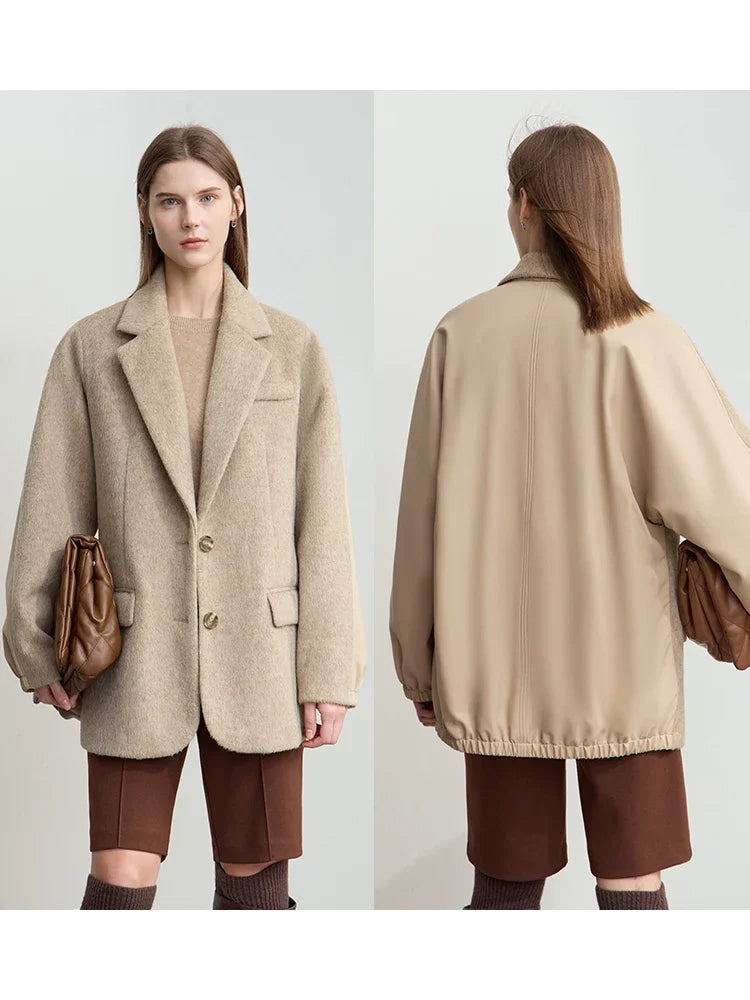 Damen Wollmantel im Minimalismus-Stil mit Knopf und verstärkter Dekoration