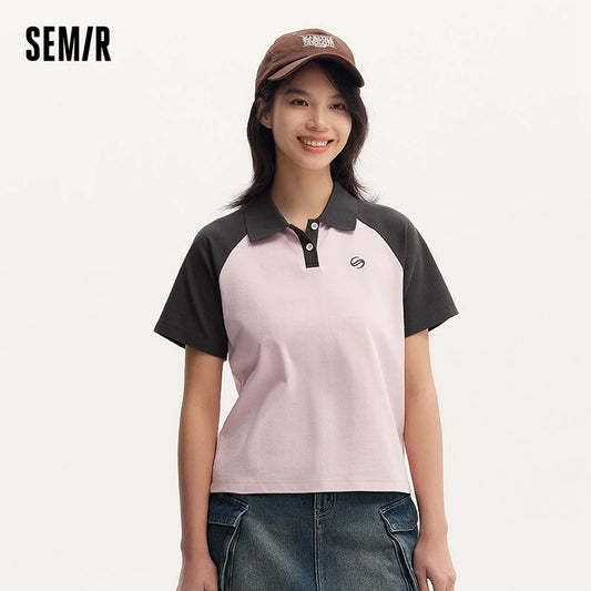 Semir Frauen Polos hirt Sommer neue Farbe Blocking Schulter fallende Ärmel American Retro Top strukturierte Kleidung Trend