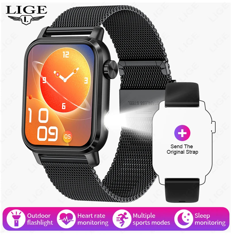 LIGE Neue Für Huawei Xiaomi Smart Uhr Männer Taschenlampe IP68 Wasserdichte Outdoor Sport Tracker 1,85 "HD Bluetooth Anruf Smartwatch