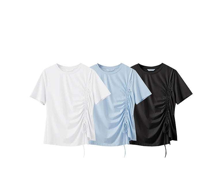Damen Sommer T-Shirt mit Rundhals und Kordelzug in lässiger Form
