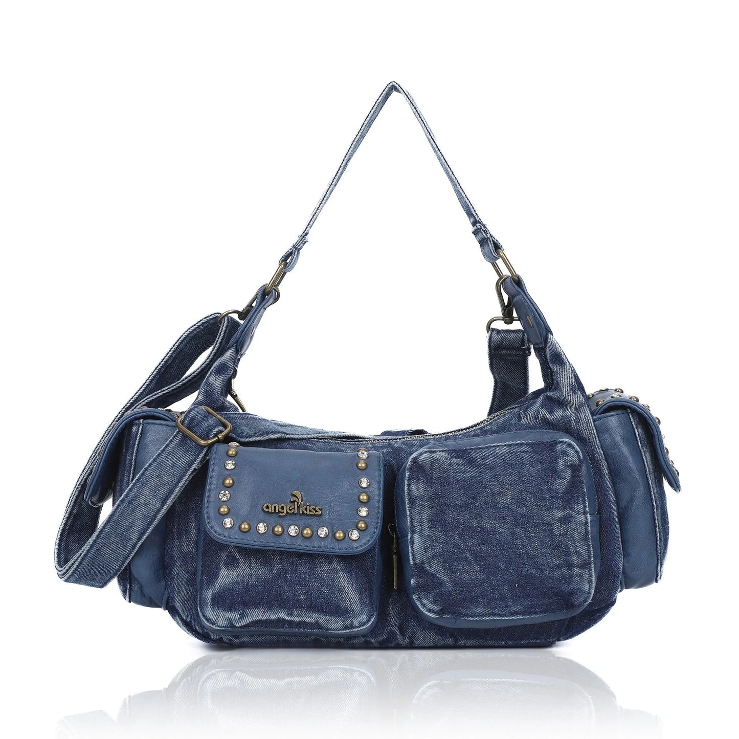Dunkelblaue Denim-Schultertasche mit Reißverschluss, zwei Fronttaschen und Nieten