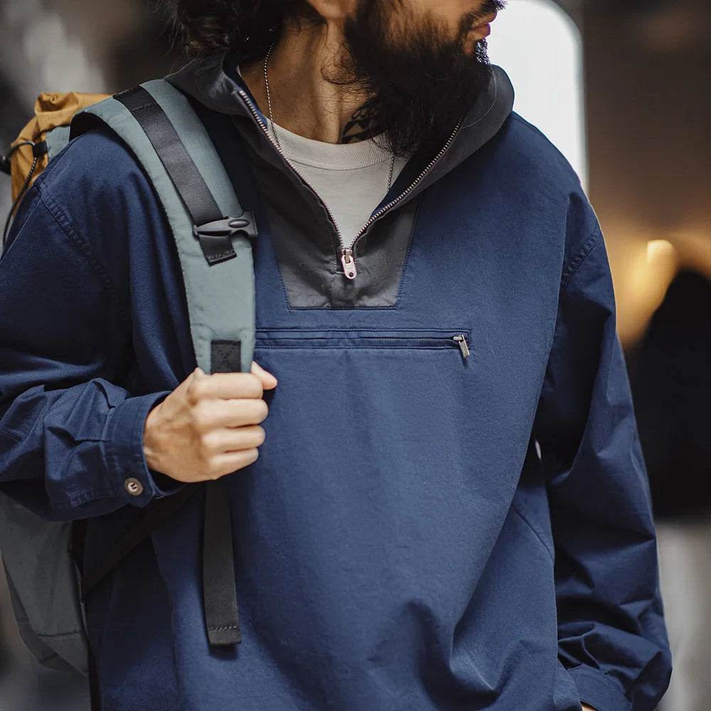 Herren Kapuzenjacke Vintage Color-Block Loose Fit Marineblau Taschen Mantel