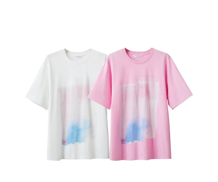 Damen T-Shirts im Minimalismus-Stil mit abstraktem Druck aus Baumwolle
