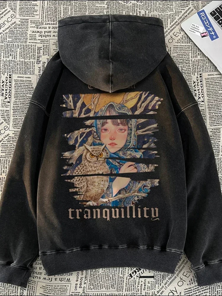 Neue Herren Kunst Eule Mädchen Grafikdruck Kapuzenpullover Gewaschen Distressed Harajuku Mode Pullover Hoodies Y2K Streetwear Hoody